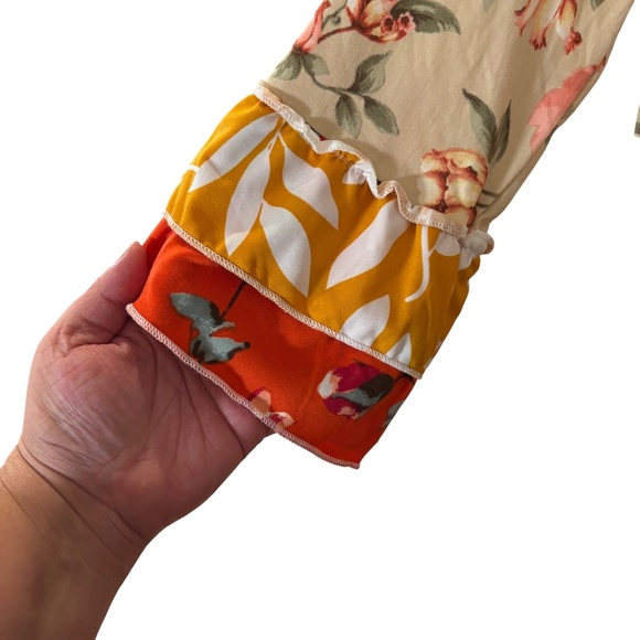 Celeste Mixed Floral Patchwork Ruffle Hem Dress Medium orange tan pink boho - Picture 6 of 12